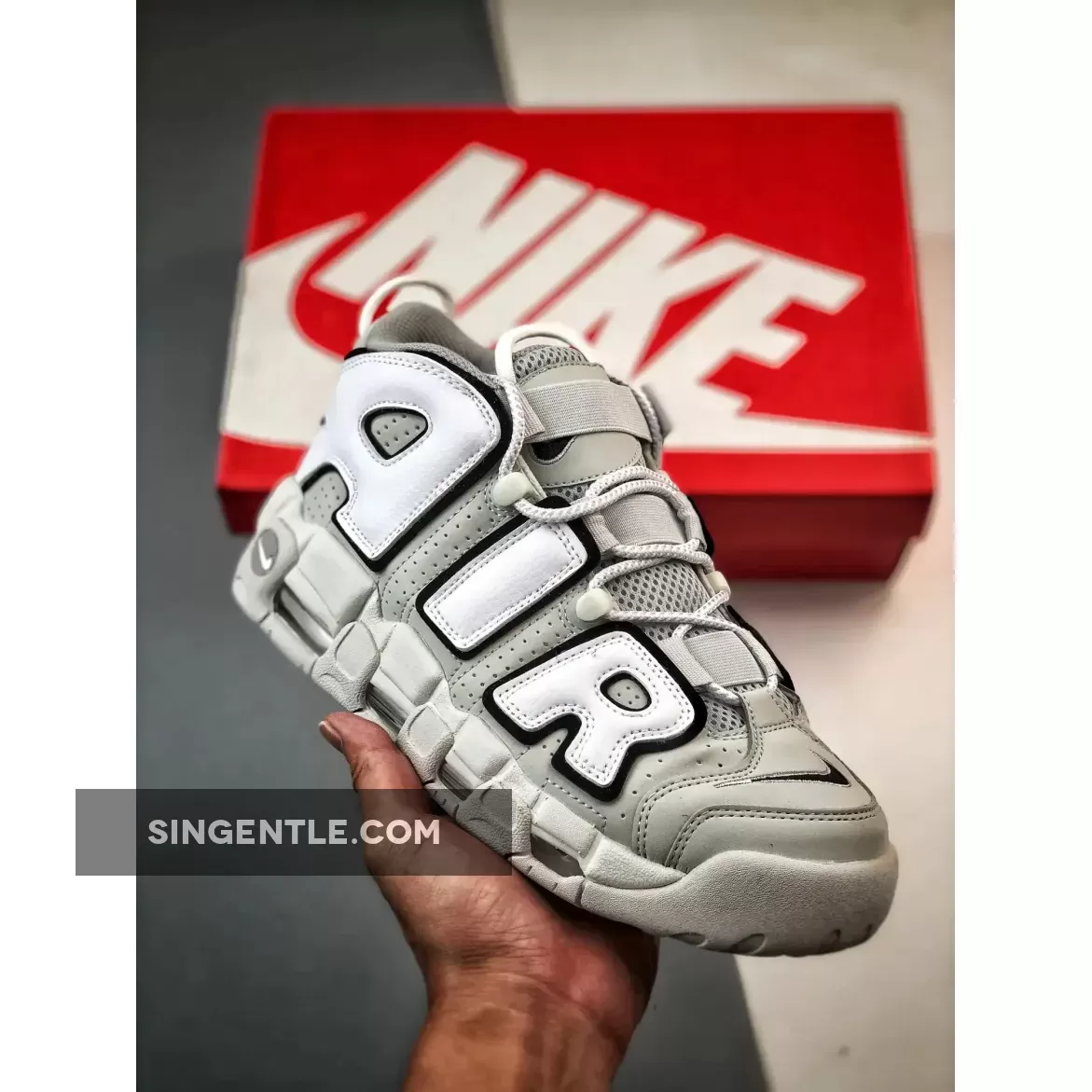 Nike Air More Uptempo Photon Dust/Metallic Silver-White-Black | PHOTON BOOTS